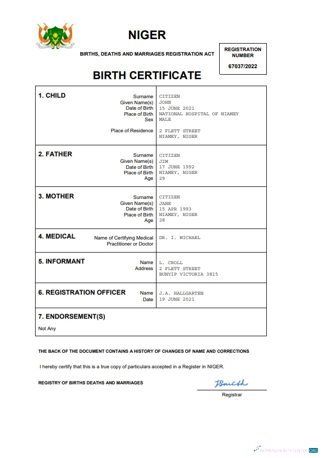 Download Niger birth certificate Word and PDF template Photoshop template